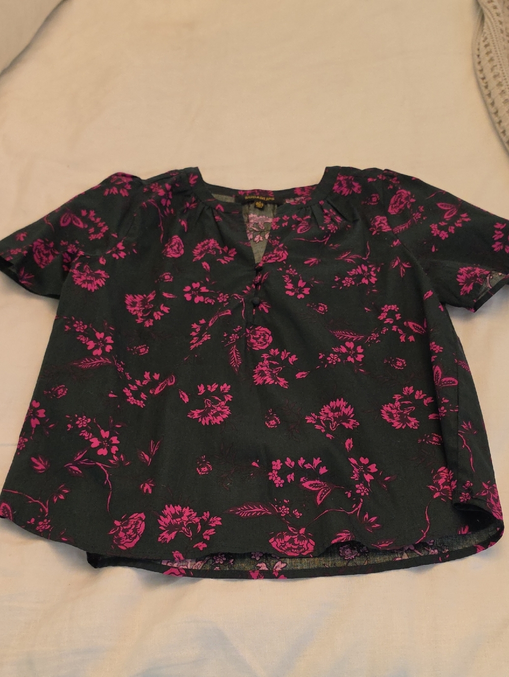Sugarlips Dark Green Blouse with Hot Pink Floral Print